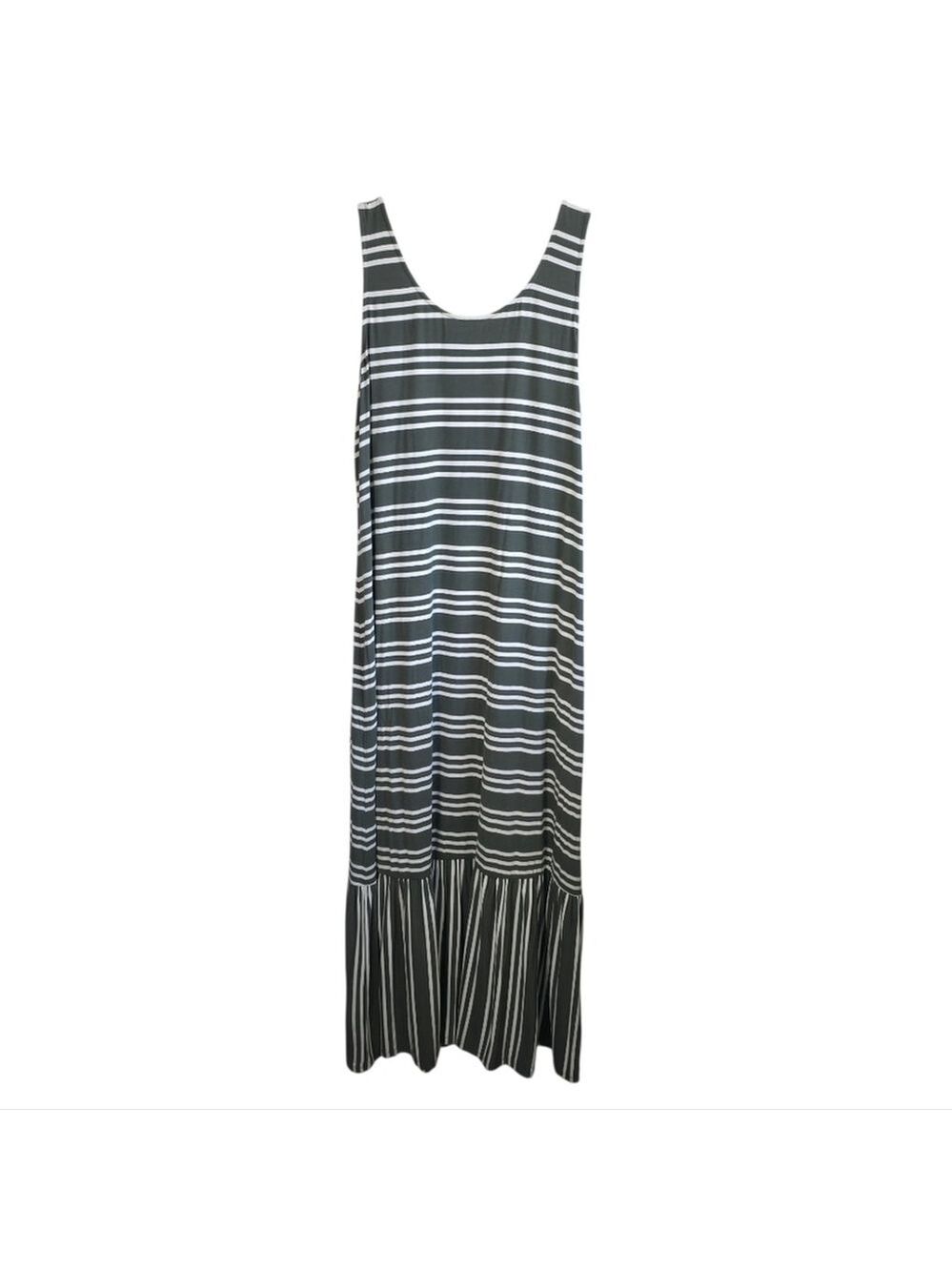 Reitmans Olive Green White Striped Maxi Dress XL Sleeveless Ruffle Hem Stretch